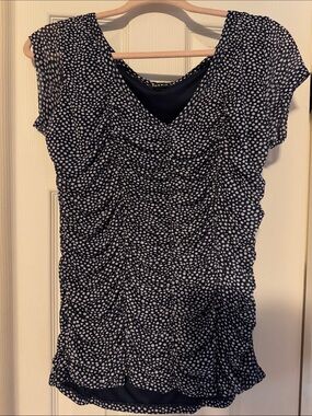 Blue and White Polka Dot Ruched V-Neck Top